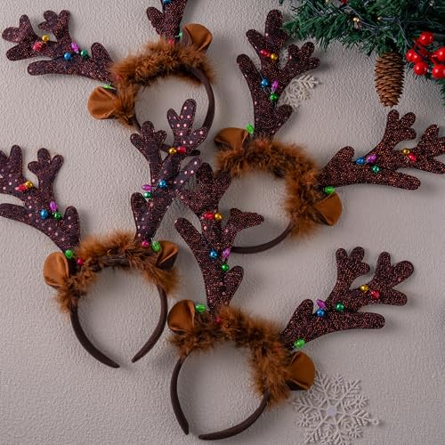 Christmas Light Up Reindeer Headband Set - Cute Holiday Party Favor for Adults & Kids (4 Pack)