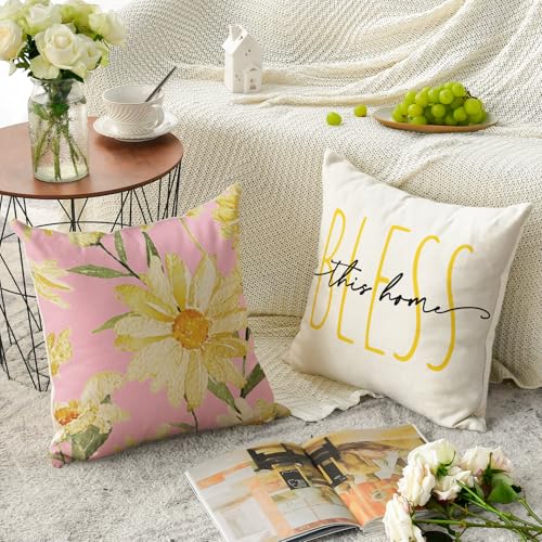 AVOIN Home Sweet Home Floral Throw Pillow Covers, Pink & White, 18x18, Set of 4