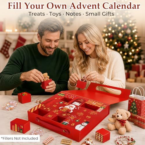 Red 24-Day Christmas Advent Calendar with Fillable Gift Boxes - DIY Holiday Countdown