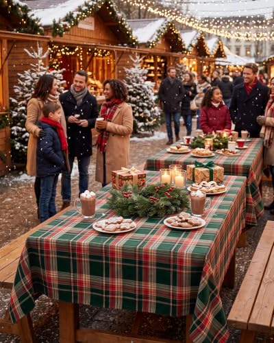 Forest Green Rectangular Christmas Tartan Tablecloth 60x120 Inch - Rustic Holiday Decor