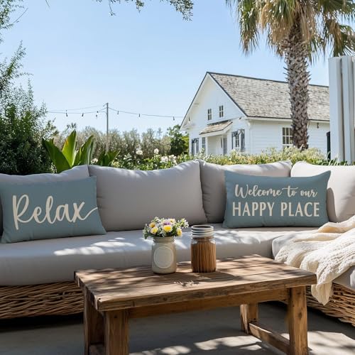 Welcome to Our Happy Place Lumbar Pillow Covers, 12x20 Dusty Blue Set of 2
