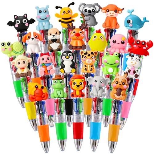 24 Multicolor Animal Pen Set for Kids - 4-in-1 Ballpoint Pens with Removable Animal Caps