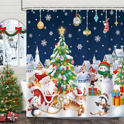 Bonhause Christmas Shower Curtain - Cute Santa & Friends, 72x72