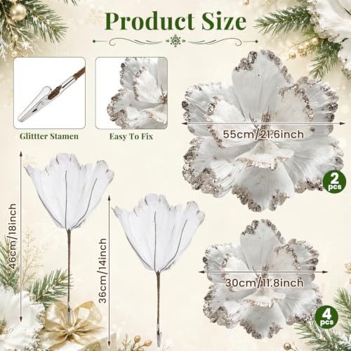 Elegant White Christmas Poinsettia Magnolia Flowers Decor - 6 Pieces Extra Large