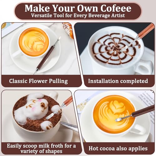4PCS Stainless Steel Latte Art Pen Set with Wood Handles