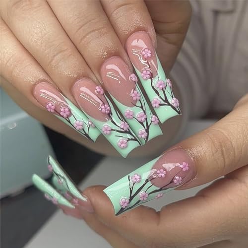 Blue French Tip Long Square Press on Nails with Plum Blossom Design