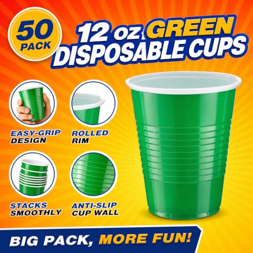 Glotoch Express Green Disposable Plastic Cups 12 oz - 50 Count, BPA-Free Party Drinkware