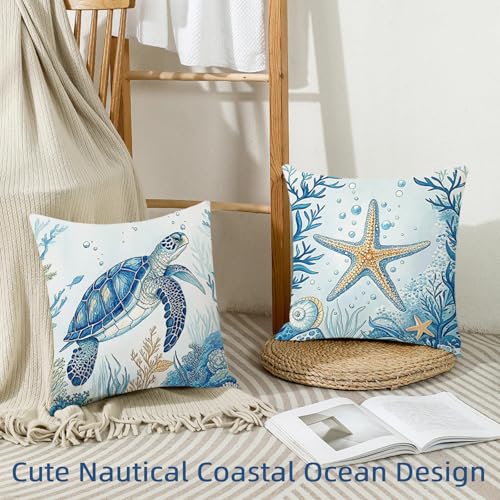Coastal Throw Pillow Covers 18x18 Blue Marine Life Set of 4 Nautical Velvet