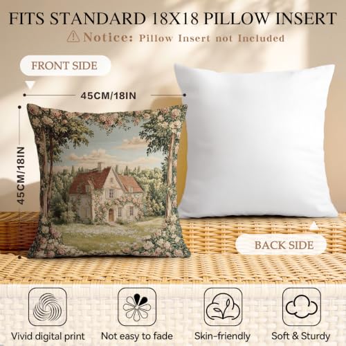 Vintage French Country Floral Pillow Covers, 18x18 Scene Cottage Set of 2