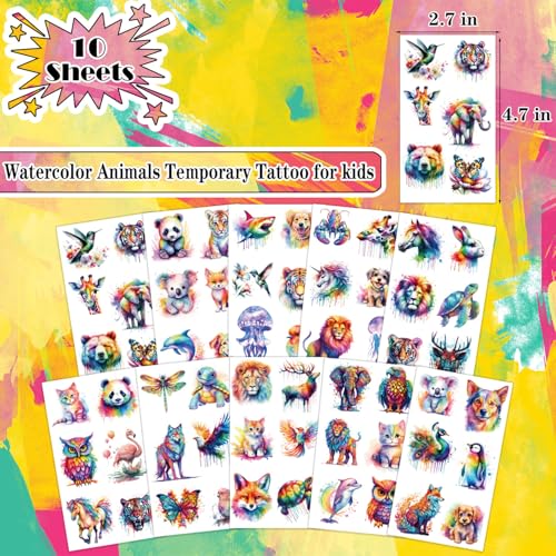 Watercolor Animals Temporary Tattoos for Kids - 10 Sheets Waterproof Body Art