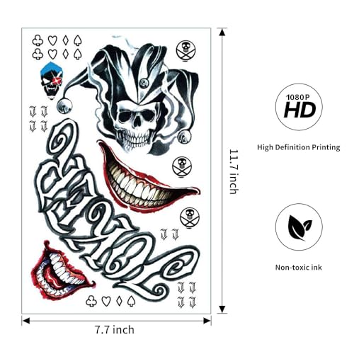 Joker Temporary Tattoos - 4 Sheets Realistic Waterproof Fake Face Tattoos for Halloween Costume Party
