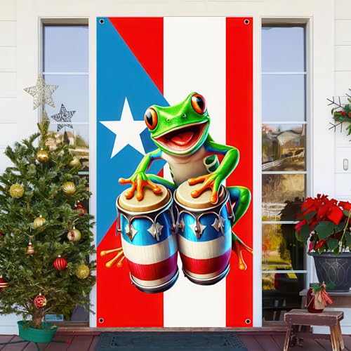 BlissYard Puerto Rico Door Cover 35x71 Inch Frog Drum Banner