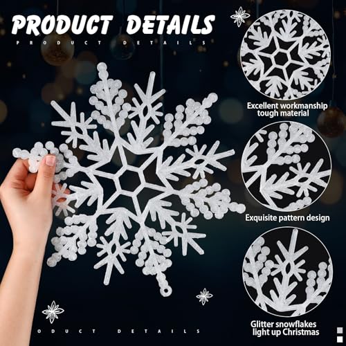 48 Pack Large Glitter Snowflakes Ornaments 12" Plastic Winter Christmas Decor - White