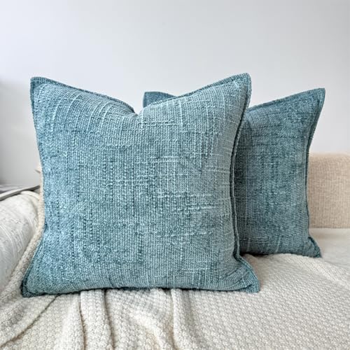 Teal Chenille Throw Pillow Covers Set of 2 - 16x16 Decorative Cushions