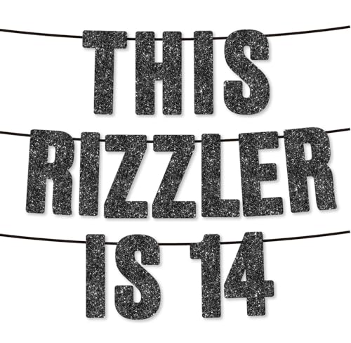 14th Birthday Black Glitter Banner - Pre-Strung Rizzler Party Decor