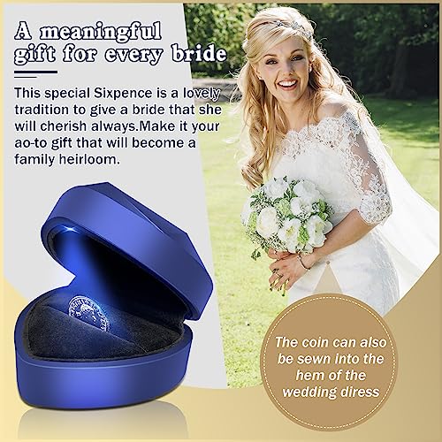 Vintage Sixpence Wedding Coin in Lighted Gift Box - Something Blue Bride Gift