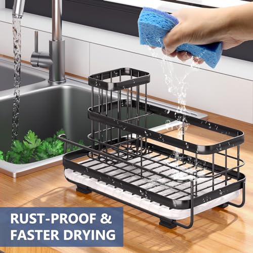 Trendy Sink Caddy Kitchen Organizer with Drain Tray - Rustproof Dish Storage Rack