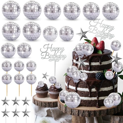 33pcs Disco Ball Cake Toppers with Happy Birthday & Star Picks Party Decor