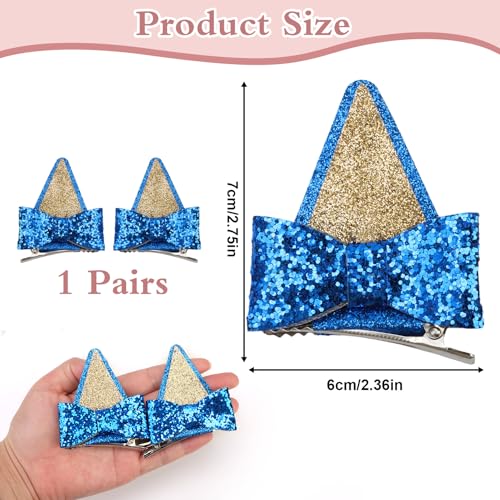 GUGUMO 2 Pcs Blue Glitter Ear Hair Clips with Bows for Cosplay and Parties