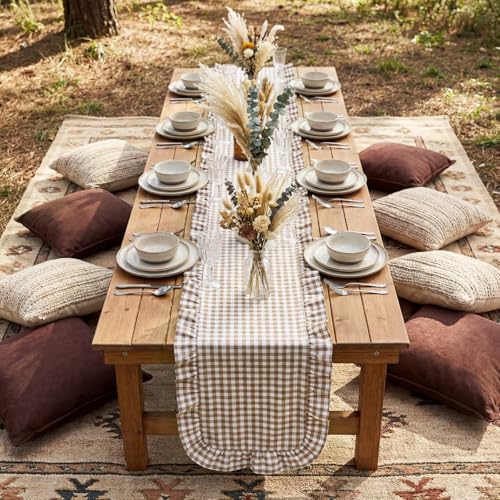 Tegeme Brown Gingham Cotton Ruffle Table Runner - 12 x 71 Inches