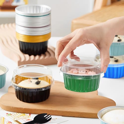 50Pcs Silver Aluminum Foil Cupcake Cups with Lids and Spoons, 5oz