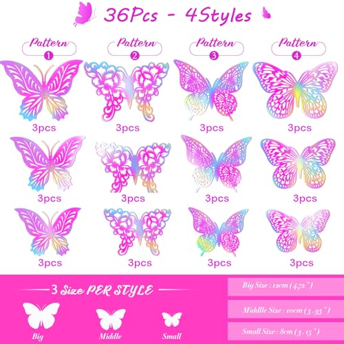 3D Metallic Butterfly Wall Decor - 48 Pcs in 4 Styles