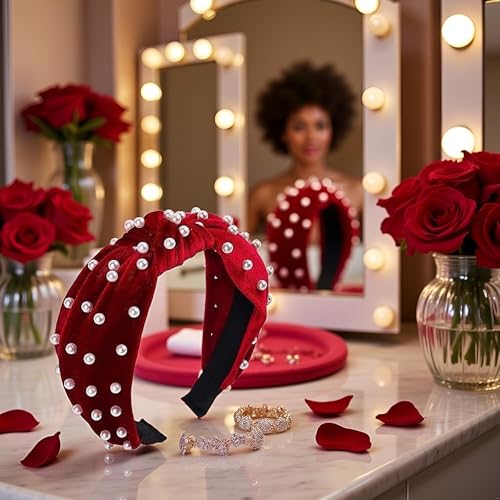 Red Knotted Headband with Pearls and Gold Accents