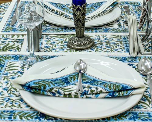 Woodland 110 Inch Round Hand Block Printed Cotton Tablecloth - Blue & White Floral