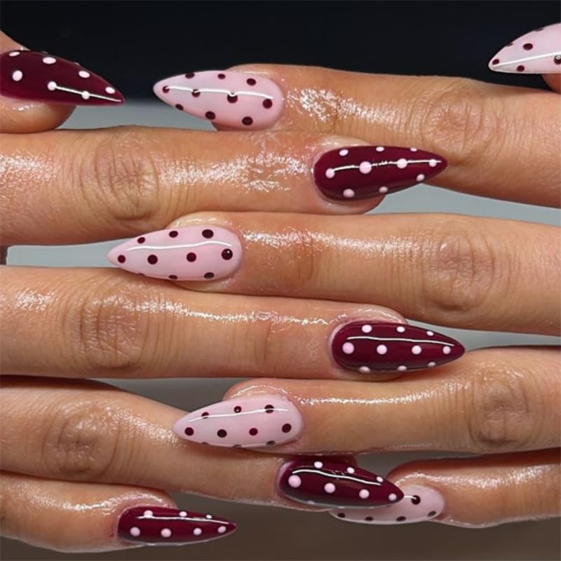 Pink Polka Dot Press on Nails Medium Almond Gel False Nails 24Pcs