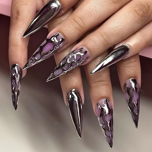 Purple Long Almond Press on Nails with Metallic Silver Line Designs Glossy Acrylic False Nails 24Pcs