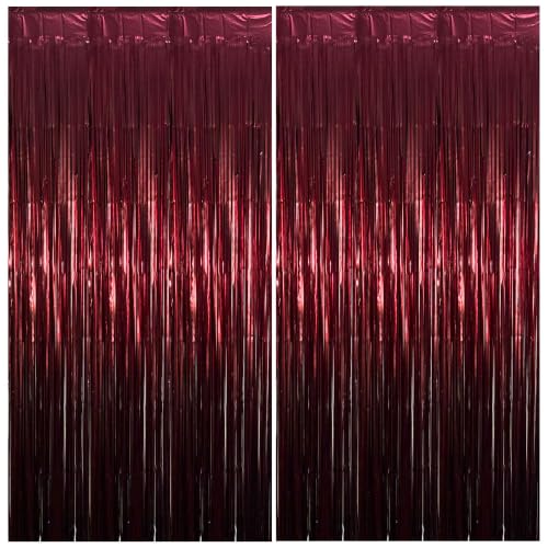 Matte Burgundy Foil Fringe Tinsel Backdrop - 2 Panels, 3.3x6.6 Ft