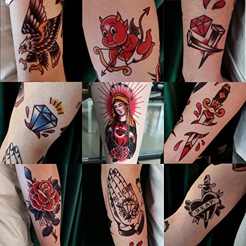 Vintage Temporary Tattoos for Men and Women - 14 Sheets Fake Old School Design