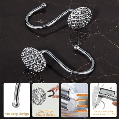 Pearlbee Chrome Shower Curtain Hooks - Round Beaded Design, 12 Pack, Zinc Alloy