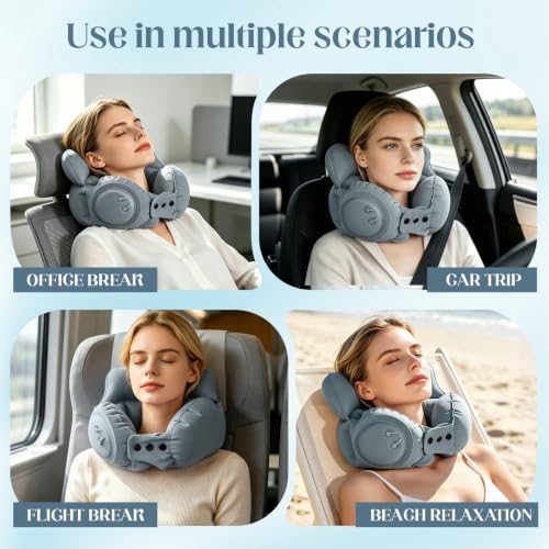 YuLohass Grey Inflatable U-Shaped Travel Neck Pillow with Adjustable Snap