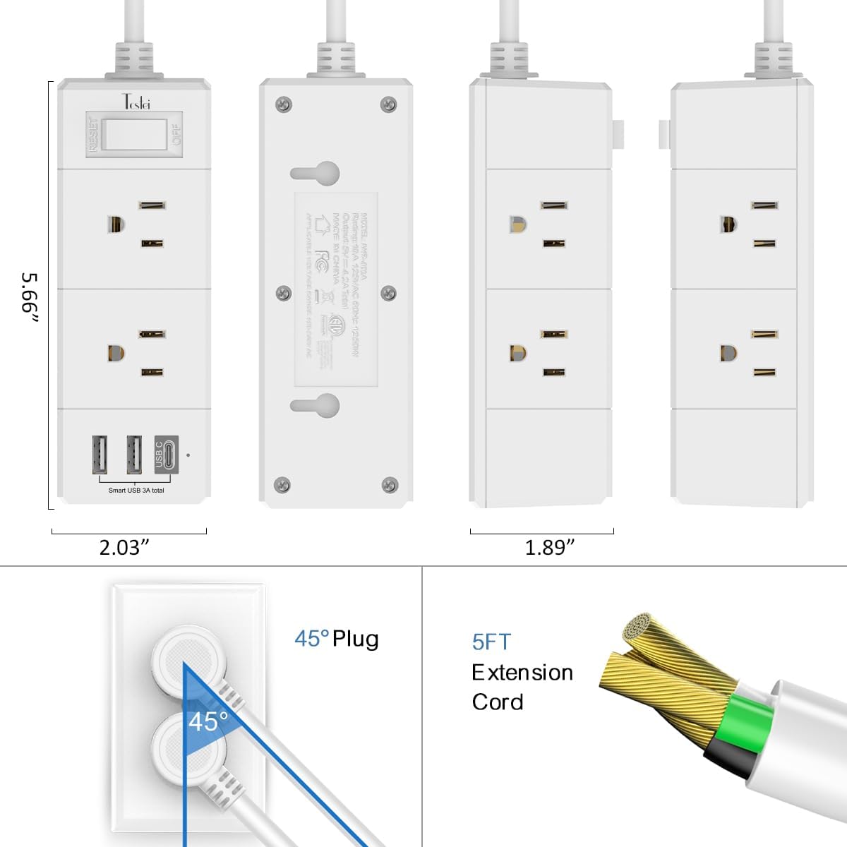Tcstei 5Ft Outlet Extender Power Strip - Flat Plug Extension Cord with 6 Outlets & 3 USB Ports, White