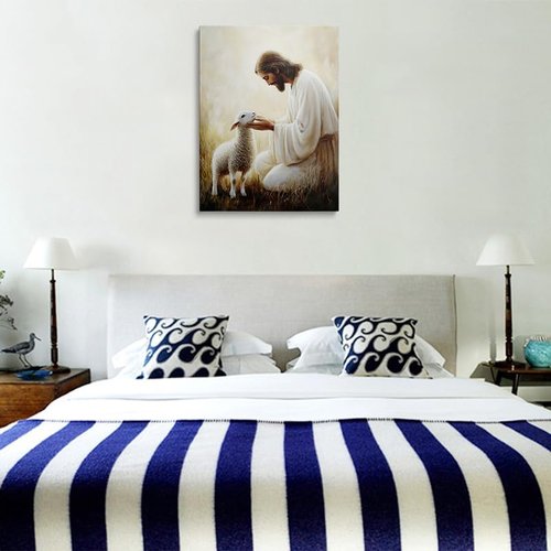 Jesus Holding Lamb Canvas Wall Art - Serene Christian Decor for Home & Church | 12x16 Inches