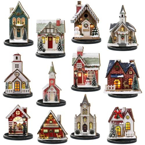 Christmas Village Wooden Houses Set - Beige & Brown, 12 Pieces for Holiday Decor