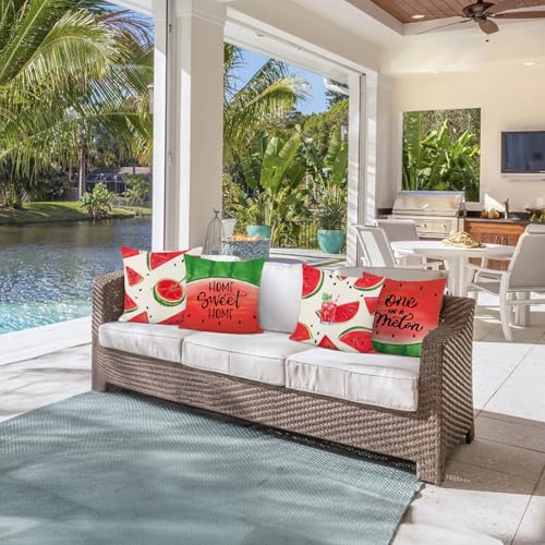 Bonhause Watermelon Throw Pillow Covers 18x18 Inch Pack of 4 Summer Red Green Fruit