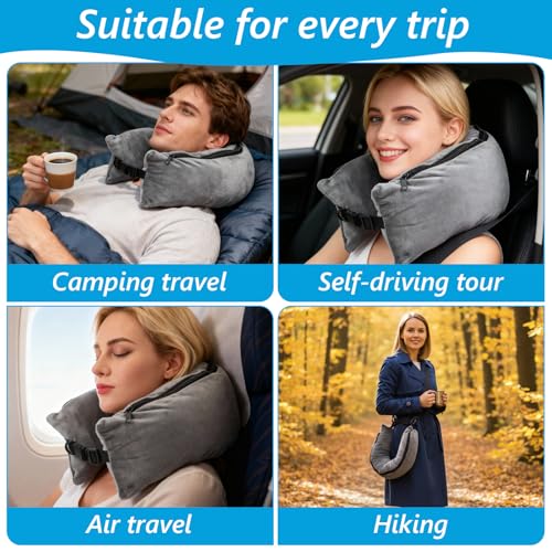 Gray Stuffable Travel Neck Pillow - Adjustable Velvet Cushion