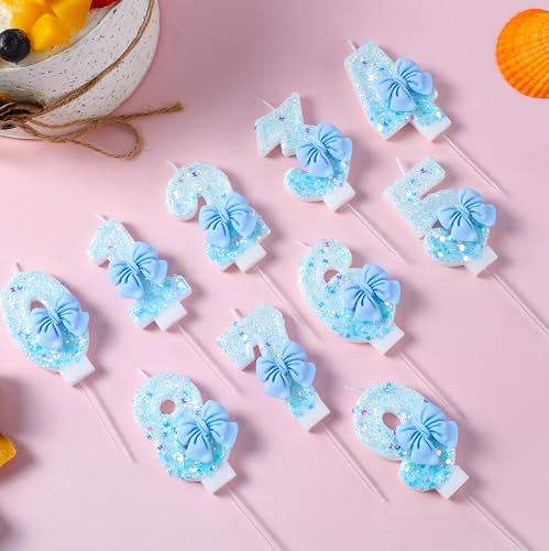 Number 2 Birthday Candle with Blue Bow - 3D Glitter Cake Topper