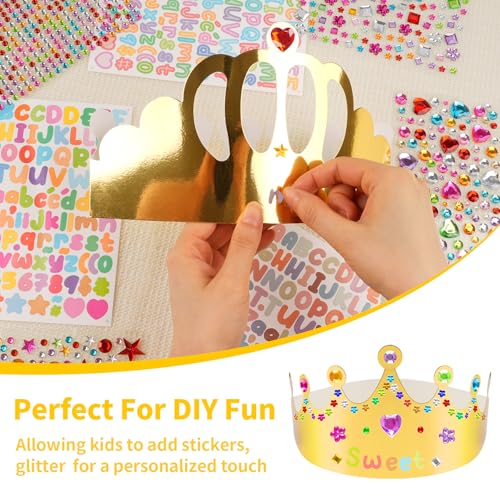 Gold Paper Crowns - 15 Pcs DIY Birthday Party Hats with Gem Stickers