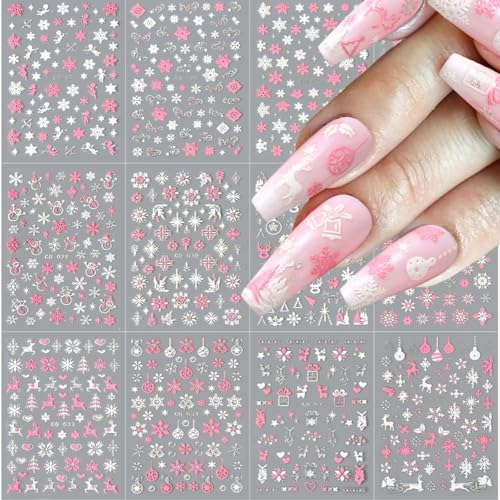 5D Embossed Christmas Nail Art Stickers - 8 Sheets Winter Snowflake Decals