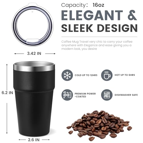 MEWAY 16oz Black Tumbler - Double Wall Insulated Travel Mug
