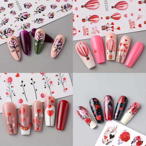 Valentine's Day Nail Art Stickers 8 Sheets 3D Heart Flowers Decals