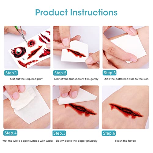 TOPORTY Halloween Temporary Scar Tattoos - 20 Sheets 3D Bloody Wound Stickers