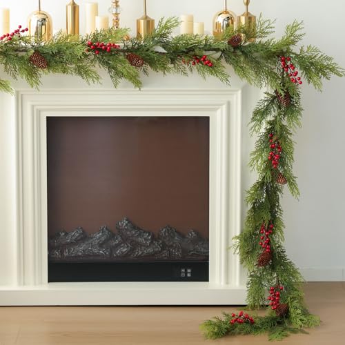 Artificial Pine Garland 6 Feet with Pinecones & Berries - Christmas Decor, Pine Mix