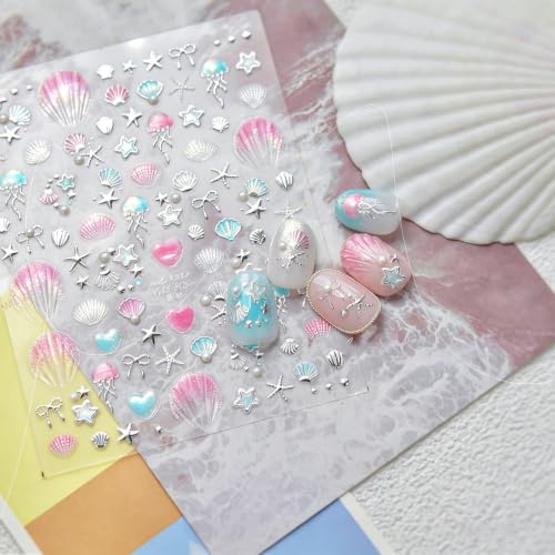 5D Embossed Shell Nail Stickers Silvery Ocean Starfish Decals