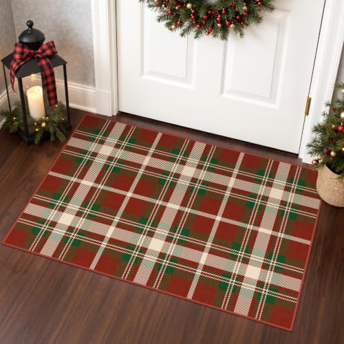 Christmas Entryway Rug - Red Plaid Doormat, Washable Holiday Floor Mat, 2x3 ft Ivy Variation