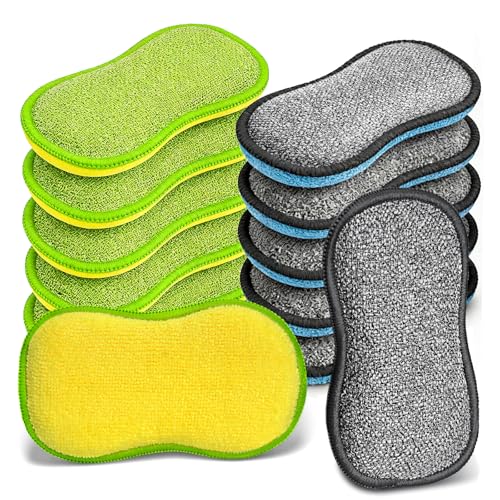 Multi-Purpose Microfiber Dish Sponges - 12 Pack Reusable Non-Scratch Scrubbers