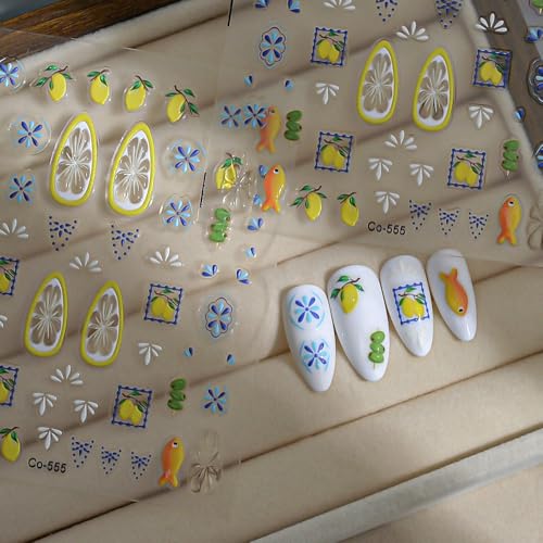 Tephrent 3 Sheets 5D Embossed Summer Fruit Lemon & Floral Nail Stickers